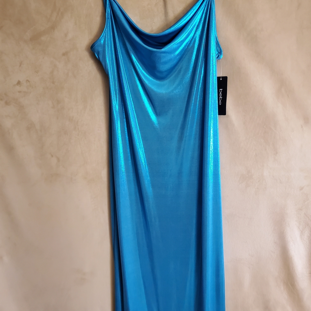 bebe Metallic Aqua Blue Cowl-Neck Maxi Dress